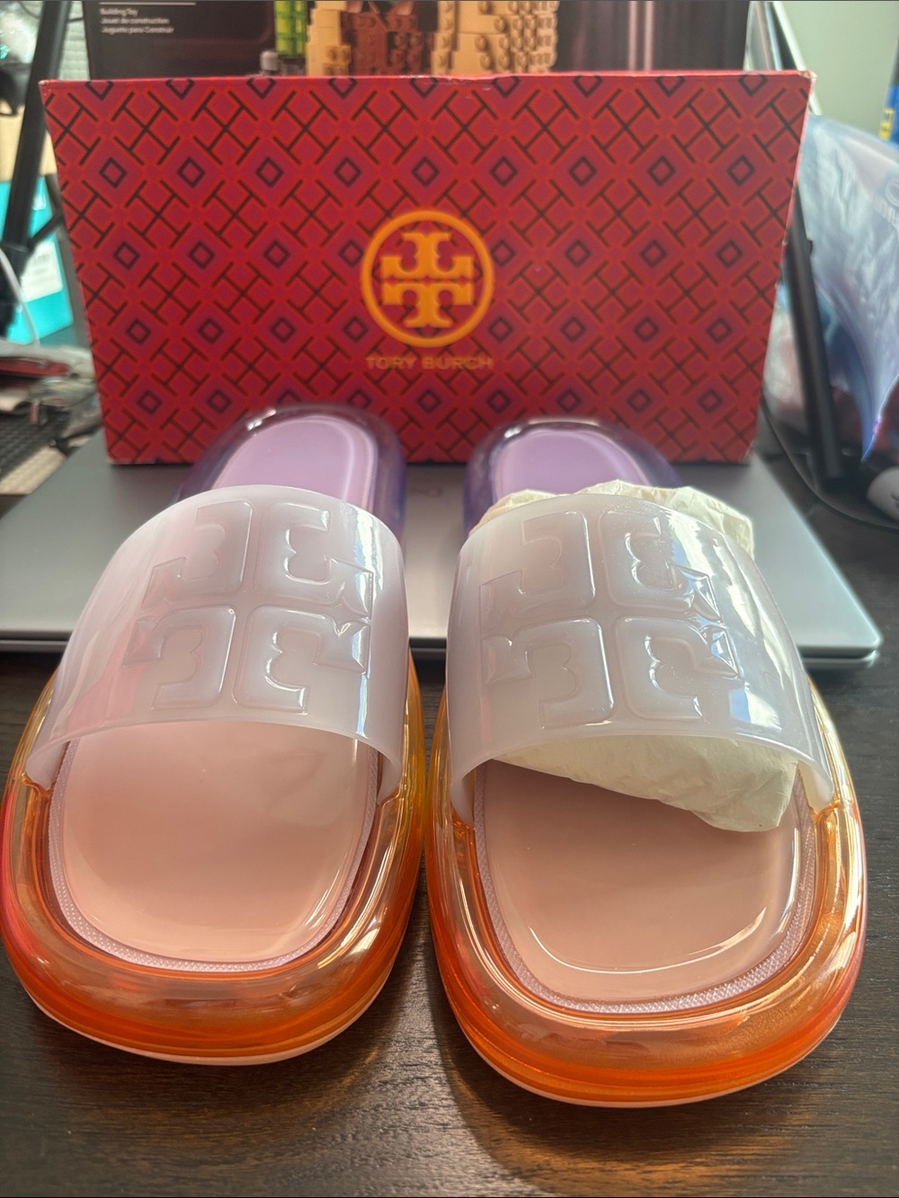 Tory Burch Pink and Orange Logo Jelly Slide Sandals , Never used in box.
